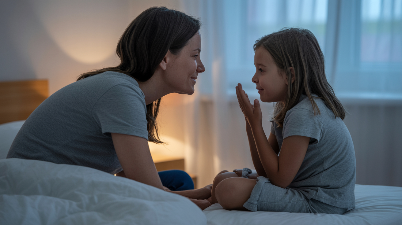 Parent and child having a bedtime conversation