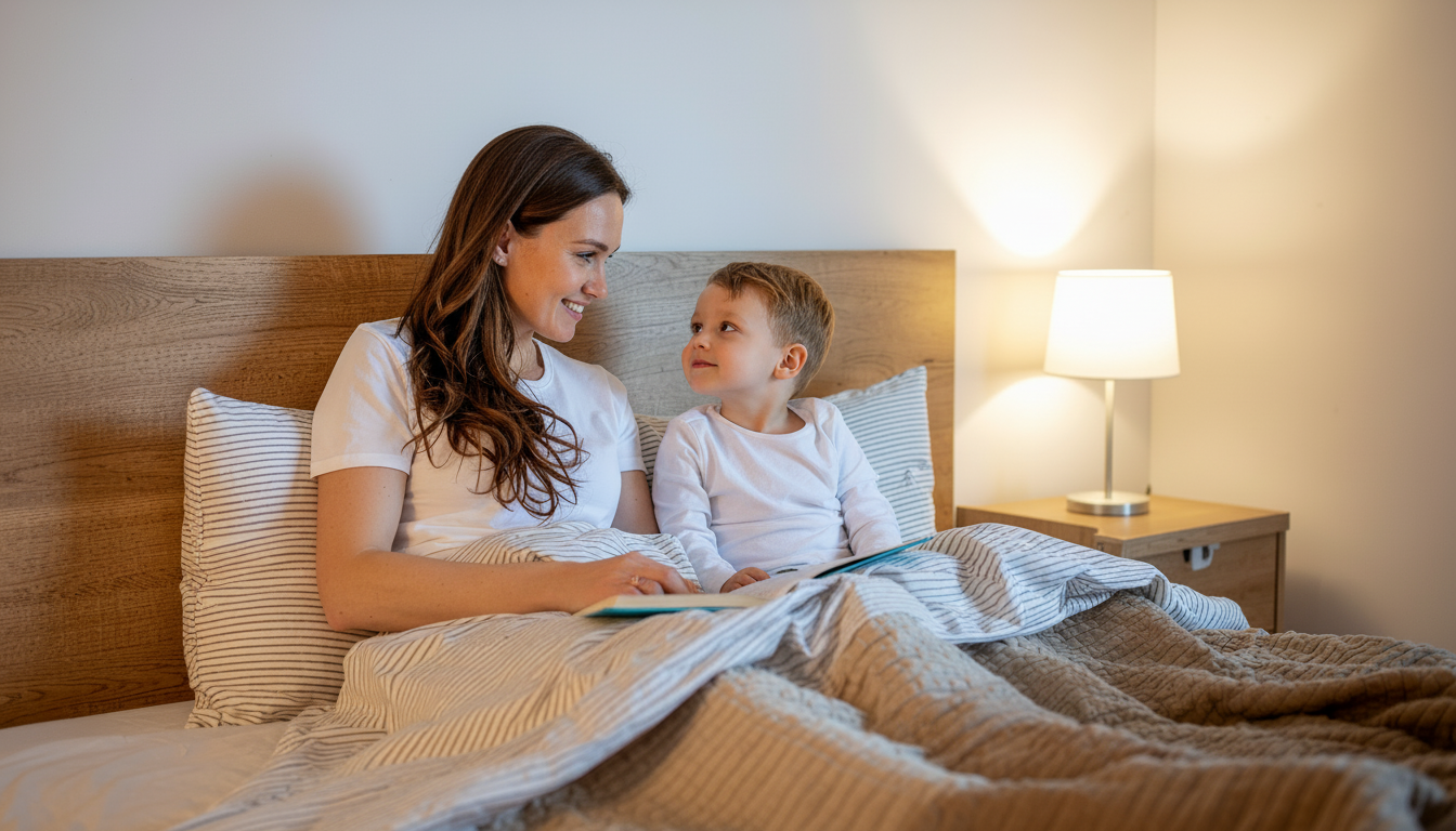 Mother and child sitting in bed having an intimate bedtime conversation
